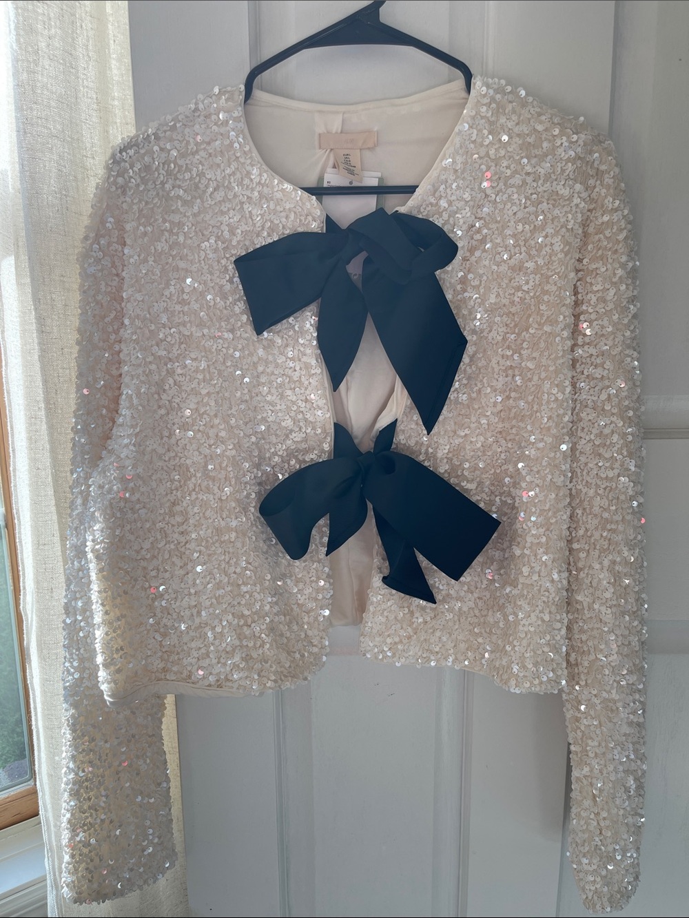NWT H&M Ivory Sequin Bow-Front Jacket